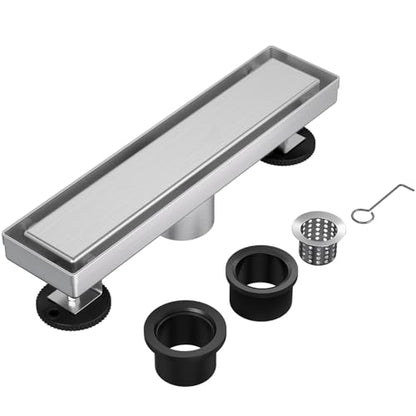 12-Inch Linear Shower Drain with Tile Insert Grate, 2-in-1 Flat Reversible Brushed Cover, Rectangle Floor Drain Brushed 304 Stainless Steel Including Hair Strainer - color: Brushed, size: 12 IN
