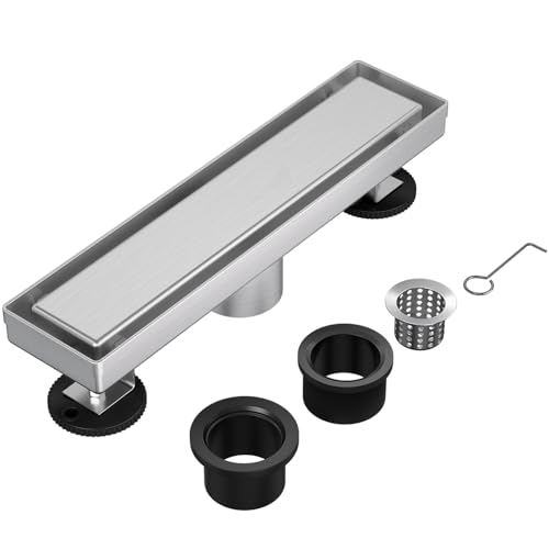 12-Inch Linear Shower Drain with Tile Insert Grate, 2-in-1 Flat Reversible Brushed Cover, Rectangle Floor Drain Brushed 304 Stainless Steel Including Hair Strainer - color: Brushed, size: 12 IN