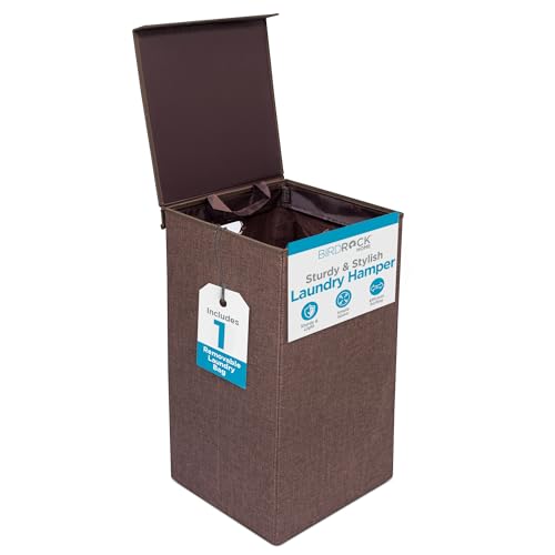 BirdRock Home Single Laundry Hamper with Lid and Removable Liner | Linen | Easily Transport Laundry | Foldable Hamper | Cut Out Handles - color: Brown, style: Single