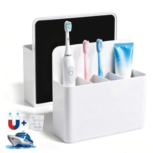 AgePlace 2 Pack Magnetic Toothbrush Holder for Cruise Ship Cabins,Wall Mounted Toothbrush Organizer with 3 Removable Dividers, Travel Must Haves, Cruise Essentials 2026 for Alaska & Caribbean Cruises - color: White