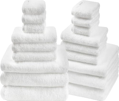 18-Piece Cotton Bath Towel Set with Hanging Loops for Bathroom, White | Stock-up towel set for family bathrooms, guest baths, multi-bath homes, and wash-day rotation, OEKO-TEX certified, easy care - color: A03: White