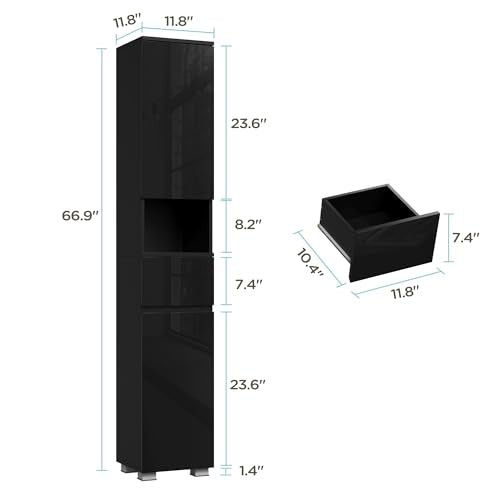 MHOM High Glossy Slim Bathroom Cabinet. 66.9" Tall Storage Cabinet with Drawer and Adjustable Shelves, Narrow Linen Cabinet for Bathroom, Laundry, and Living Room, Black - color: Black