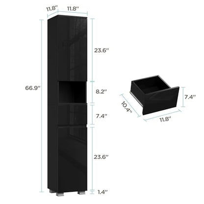 MHOM High Glossy Slim Bathroom Cabinet. 66.9" Tall Storage Cabinet with Drawer and Adjustable Shelves, Narrow Linen Cabinet for Bathroom, Laundry, and Living Room, Black - color: Black
