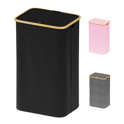 SUOCO Laundry Basket with Lid, 29 Gal (110L) Clothes Hamper with Bamboo Handles, Large Foldable Laundry Hamper for Bedroom, Bathroom, Dorm, Laundry Room - Black - color: Black, size: 110L without wheels