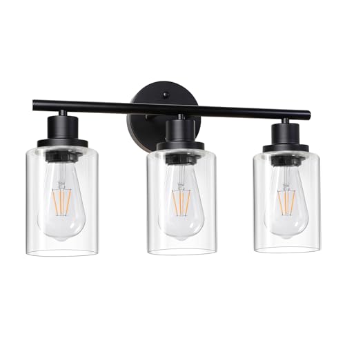 Modern Bathroom Light Fixtures, 3 Light Vanity Lights, Black Wall Lamp with Clear Glass for Bathroom, Mirror, Living Room, Bedroom, Hallway, E26 Base - color: Black, size: 3 Light