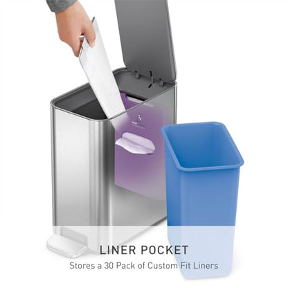 simplehuman Slim Step Can, 5L / 1.3 Gallon Compact Bathroom Trash Can, Liner Pocket®, Sleek Internal Hinge, 150,000-Step All-Steel Pedal, Lid Shox® Silent Close, Brushed Stainless Steel - color: Brushed, size: 5L