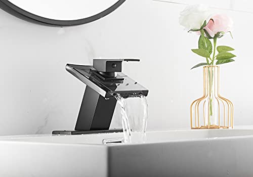Black Waterfall Glass Spout Bathroom Faucet with Cover Plate Deck Mount | Single Handle One Hole Bath Sink Faucet Vanity Lavatory Basin Mixer Tap - color: Black, style: No Led
