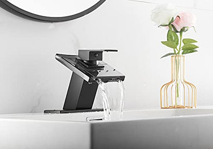 Black Waterfall Glass Spout Bathroom Faucet with Cover Plate Deck Mount | Single Handle One Hole Bath Sink Faucet Vanity Lavatory Basin Mixer Tap - color: Black, style: No Led