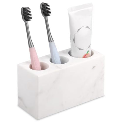 Natural Marble Toothbrush Holder, White, 3 Slots | Large Bathroom Organizer Countertop, Ventilation Design, Stone Toothbrush and Toothpaste Stand, Non-Slip Silicone Pads - color: White, size: 3 Slots