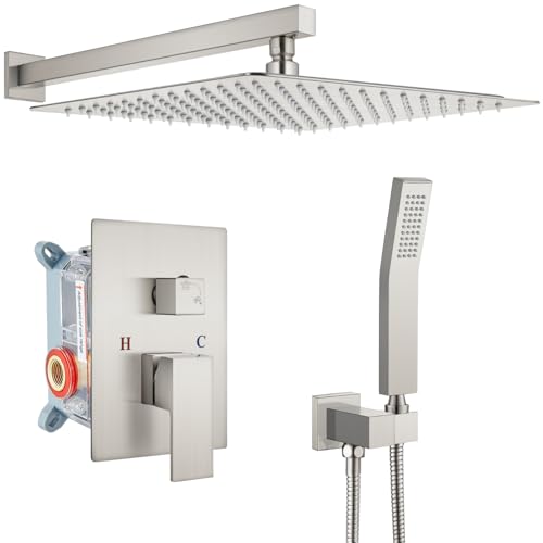 gotonovo Rainfall Bathroom Shower System Rain Shower Head and Handle Set Wall Mounted Shower Complete Combo Solid Brass Pressure Balancing Shower Mixer Valve 16 Inch Brushed Nickel - color: Brushed Nickel, size: 16 Inch