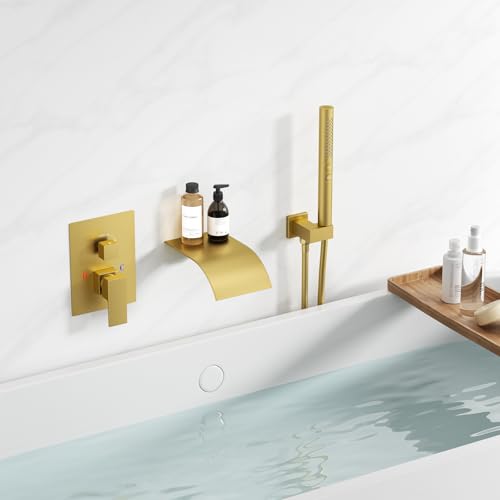 RUMOSE Wall Mount Bathtub Faucet Waterfall Tub Faucet with Handheld Sprayer | Gold, 2 in 1 Handheld, Modern Bathroom Tub Filler Brass Single Handle Shower Faucet Set, High Flow Rough in Valve - color: Gold