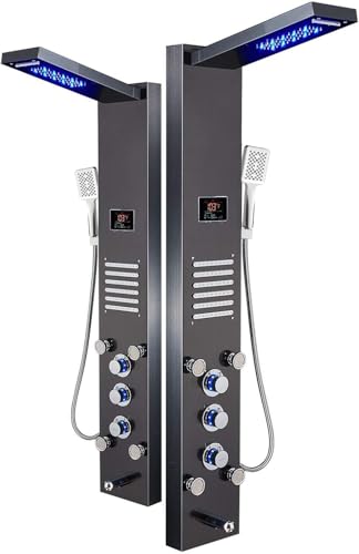 ELLO&ALLO LED Shower Panel Tower System, Hydroelectricity Display Rain Massage with Jets, Brushed Black - color: Black