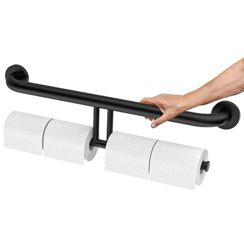 24 inch Black Grab Bar w/Double Roll Toilet Paper Holder, Zepolu 2-in-1 Safety Assist Bar Balanced Support Handle, Stainless Steel Wall Mounted Bathroom Toilet Grab Bar for Senior Elderly Handicap - color: paper holder - black, size: 24 Inch