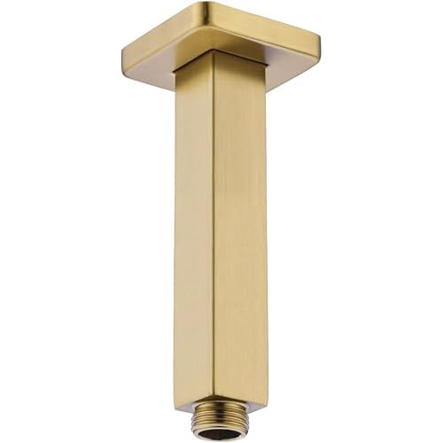 Brushed Gold Shower Arm with Flange 6 Inch Straight Extension Arm for Ceiling Mount Square Rainfall Shower Head, Male NPT 1/2" to G1/2", Stainless Steel - color: Brushed Gold, style: 6-Inch