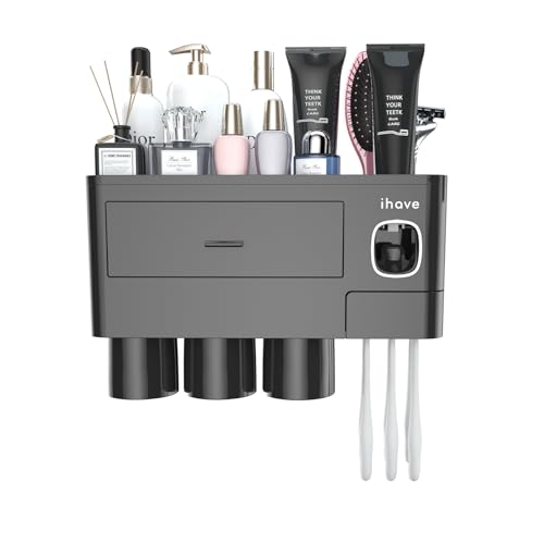 iHave Toothbrush Holders Wall Mounted with Toothpaste Dispenser & 3 Cups | All-in-One Bathroom Organizer: 3 Cups, 6 Slots, Toothpaste Dispenser, Large Tray & Drawer. Wall Mount, No Drilling Required - color: Black, size: 3 cup