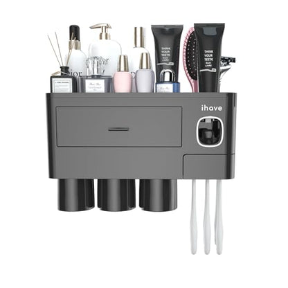 iHave Toothbrush Holders Wall Mounted with Toothpaste Dispenser & 3 Cups | All-in-One Bathroom Organizer: 3 Cups, 6 Slots, Toothpaste Dispenser, Large Tray & Drawer. Wall Mount, No Drilling Required - color: Black, size: 3 cup