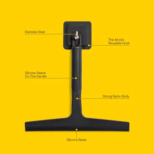 TOOLETRIES The Squeegee & Hook Glass Shower Squeegee – 10 Inch | Silicone grip shower squeegee for glass, mirrors and windows with a matching storage hook.