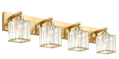 Gold Crystal Bathroom Vanity Light, 4-Light Modern Bathroom Lighting Fixtures Over Mirror,Chrome Wall Sconce Light Fixtures with Square Shade - color: Gold-Square Shade, size: 4-LIGHT
