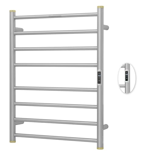 Electric Towel Warmer Rack,Heating Towel Warmer,Timer & Temperature Control,Wall-Mounted Plug-in for Bathroom,Brushed,Stainless Steel,8-Bar(27.56x20.87x4.41in) - color: Round-matte Brushed With Gold Top, size: 8 Bars