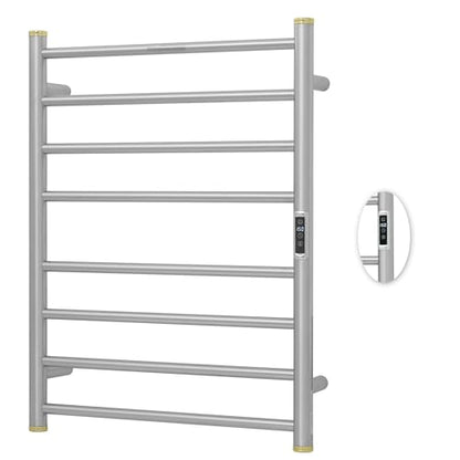 Electric Towel Warmer Rack,Heating Towel Warmer,Timer & Temperature Control,Wall-Mounted Plug-in for Bathroom,Brushed,Stainless Steel,8-Bar(27.56x20.87x4.41in) - color: Round-matte Brushed With Gold Top, size: 8 Bars