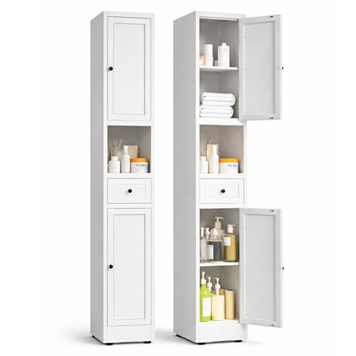 71 Inch Tall Narrow Bathroom Storage Cabinet, Slim Metal Freestanding Floor Cabinet with Doors, Adjustable Shelves, Drawer & Open Shelf, Bathroom Organizer for Small Spaces, White