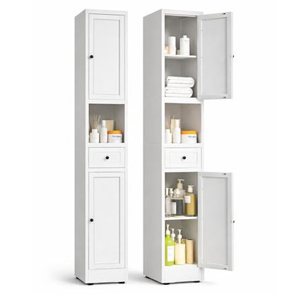 71 Inch Tall Narrow Bathroom Storage Cabinet, Slim Metal Freestanding Floor Cabinet with Doors, Adjustable Shelves, Drawer & Open Shelf, Bathroom Organizer for Small Spaces, White
