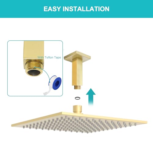 Enga Square Shower Arm with Flange, 3 Inches Ceiling Mount Replacement Rain Shower Head Straight Arm, Brushed Gold - color: Brushed Gold, style: 3 Inch