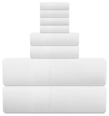 ELITE 8-Piece Zero Twist Cotton Bath Towel Set – 100% Cotton Luxury Towels – Ultra Soft, Fluffy & Absorbent – Quick Dry, Durable & Fade Resistant – Spa Quality Bath, Hand & Washcloth Set (White) - color: White