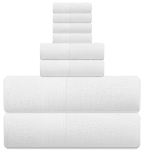 ELITE 8-Piece Zero Twist Cotton Bath Towel Set – 100% Cotton Luxury Towels – Ultra Soft, Fluffy & Absorbent – Quick Dry, Durable & Fade Resistant – Spa Quality Bath, Hand & Washcloth Set (White) - color: White