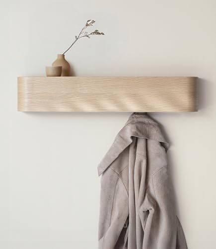 Kazai. Wall-Mounted Coat Rack 'Toke' - Modern Design Coat Rack with Hidden Wall Hooks - Solid Wood Veneer Panel Coat Hanger - Oak, White - color: Oak, White, size: 5 Hooks