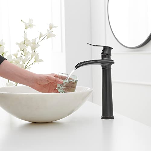 BWE Bathroom Vessel Sink Faucet Waterfall Spout Single Handle One Hole | Oil Rubbed Bronze Tall Vessel Lavatory Vanity Bathroom Faucet with Pop Up Drain and Supply Hose,Solid Brass,Deck Mount - color: Oil Rubbed Bronze, size: 11.81 inch Vessel Version