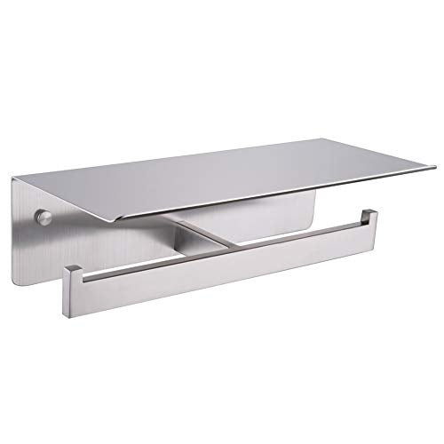 Dual Roll Toilet Paper Holder, Brushed Nickel, 304 Stainless Steel | Multiuse Top Shelf, Air Freshener & Tissue Storage, Space-Saving Wall Design, Home & Office Restroom Use - color: Brushed Nickel, size: Double Rod