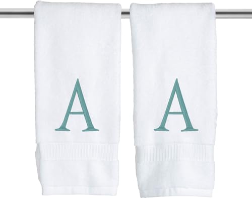 White with Teal Monogrammed Hand Towels for Bathroom - Set of 2 Letter A | Luxury Hotel Quality Initial Towels For Powder Room, Spa, GOTS Organic Certified - color: Teal, size: Initial A