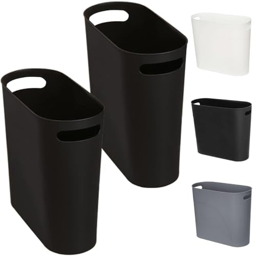 3.2 Gallon Slim Waste Basket, 2 Pack Small Wastebasket Plastic Narrow Trash Can with Handles, 12L Slim Garbage Container Bin for Narrow Space (Black) - color: Black