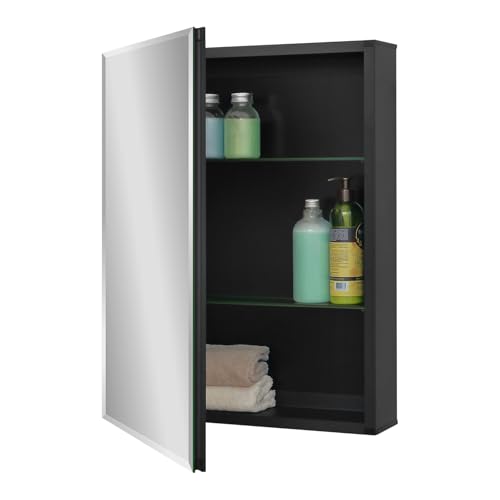 20 x 26 Black Recessed Medicine Cabinet with Mirror & Bathroom Wall Storage | Black Aluminum Bathroom Mirror Cabinet with Adjustable Shelves, Surface Mount Option for Organized Bathroom Vanity Toiletries - size: 20 x 26