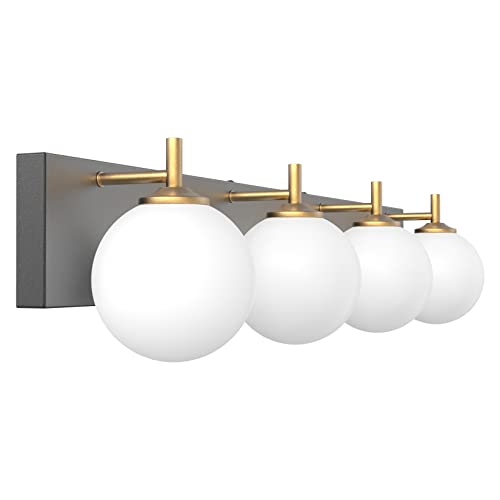 Aipsun Mid Century Modern Vanity Light 4 Lights Milky Glass Modern Bathroom Light Fixtures Over Mirror(Exclude Bulb) - color: Black+Gold, size: 4 Lights
