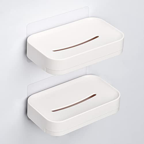 YOHOM 2PCS Adhesive Soap Dish with Drain Tray White Shower Bar Soap Holder Wall Mounted Bathroom Hanging Soap Tray Holder for Tub Plastic - color: Adhesive Soap Dish White