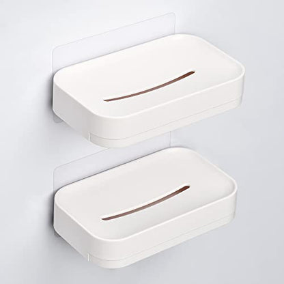 YOHOM 2PCS Adhesive Soap Dish with Drain Tray White Shower Bar Soap Holder Wall Mounted Bathroom Hanging Soap Tray Holder for Tub Plastic - color: Adhesive Soap Dish White