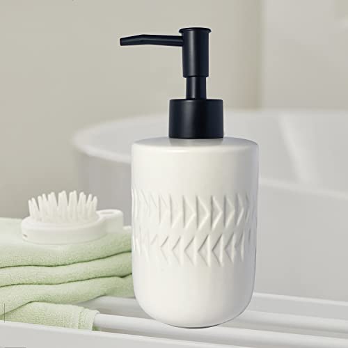 White Soap Dispenser with Matte Black Pump for Bathroom,Cylindrical Lotion Dispenser,12oz Ceramic Relief Hand Dish Soap Dispenser,Refillable Liquid Dispenser for Kitchen (Relief White) - color: Relief White