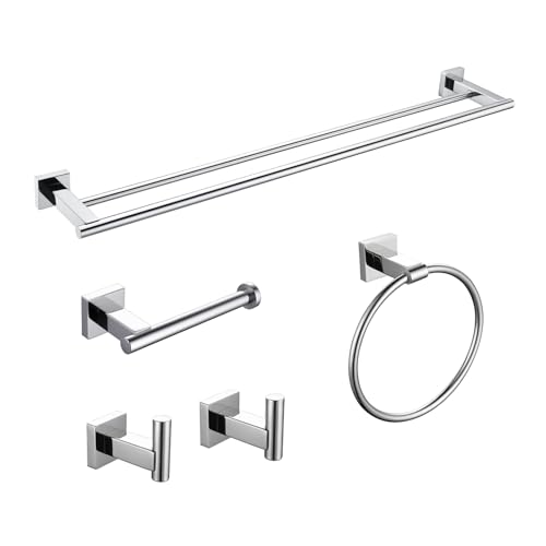 Miyili SUS304 Stainless Steel 5-Piece Bathroom Accessories Set with 30" Double Towel Bar, 5" Toilet Paper Holder, Towel Ring, 2 x Robe Hooks Bath Hardware Kit Wall Mount, Poilshed - color: Polished
