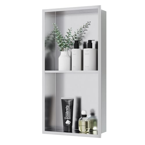 Qeke 12" x 24" Stainless Steel Shower Niche w/Double Shelves, Brushed Nickel - color: Brushed Nickel, size: 12X24"