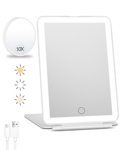 FUNTOUCH Rechargeable Travel Makeup Mirror with Lights 10X Magnifying | Portable Lighted Vanity Mirror with 80 Led,2000mAh Battery,3 Color Lighting,Touch Dimming,Tabletop Light up Mirror - color: Snow White With 10x Mirror