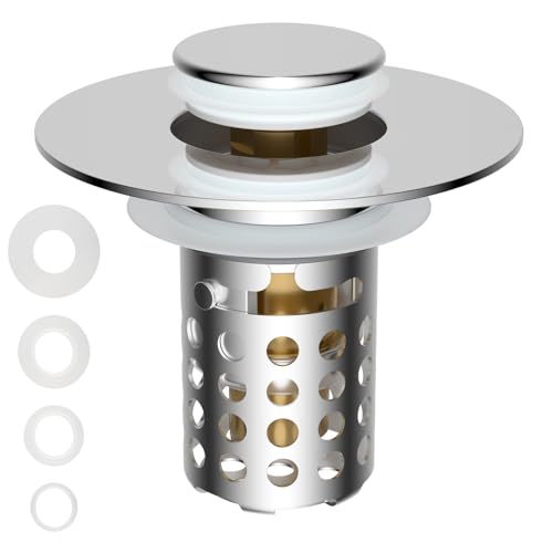 Universal Bathroom Sink Drain Strainer Hair Catcher, Chrome | Upgraded with Removable Stainless Steel Filter Basket, 3 in 1 Pop Up Sink Stopper for 1.1''~2.36'' Sink Basin Hole - color: Chrome Finish