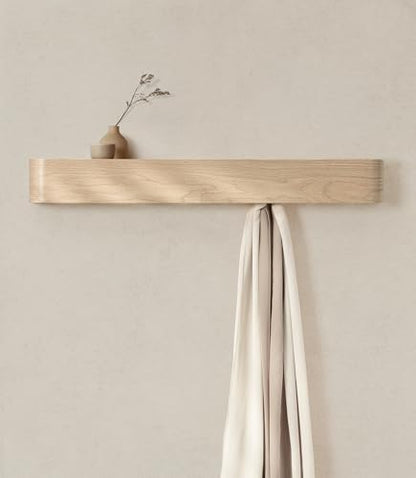 Kazai. Wall-Mounted Coat Rack 'Toke' - Modern Design Coat Rack with Hidden Wall Hooks - Solid Wood Veneer Panel Coat Hanger - Oak, White - color: Oak, White, size: 8 Hooks