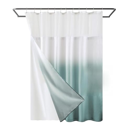 YI & ZE Teal Blue Waffle Weave Shower Curtain with Snap-in Liner, 72W x 72L | Slub Textured Heavy Fabric, Waterproof & Washable, Equipped with 12 Metal Hooks - color: Waffle Teal, size: 72"W x 72"L (Pack of 1)