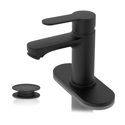 BELZ Black Bathroom Faucet, Lead-Free for 1 or 3 Hole 4" Vanity Sink | NSF372 Compliant,Anti-peeling PVD Finish,Includes Pop-up Drain & Hoses,Single Handle Modern Design, Easy DIY Install - color: Matte Black