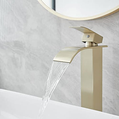 Vessel Sink Faucet Brushed Gold Waterfall Bathroom Faucet with Pop Up Drain | Stainless Steel,Single Handle One Hole Deck Mount,Bowl Vanity Sink Faucet,with 3/8" Supply Hose,Lead-Free by Bathfinesse - color: Brushed Gold