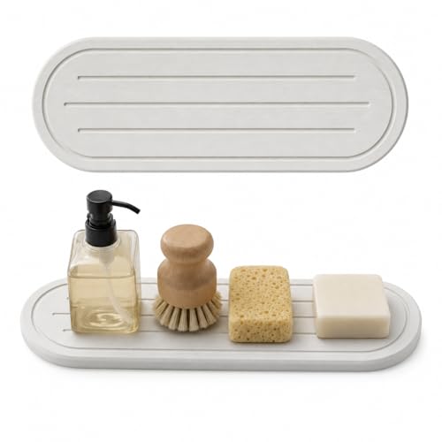 Razborci 2PCS Water Absorbing Stone Drying Tray Mat for Bathroom Sink & Kitchen Counter Faucet Organizer Decor, Quick Dry Dish Soap Dispenser Sponge Holder, Vanity Sink Caddy Coaster,White -10"*3.8" - color: 2pack-10"x 3.8" - White