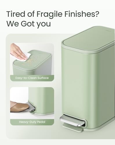 Cesun Small Bathroom Trash Can with Lid Soft Close & Pedal, 1.3 Gal, Green | Removable Inner Bucket, Slim Stainless Steel Garbage Can for Bedroom/Office, Included 5 Trash Bags, Hidden Bag, Built to Last - color: Green