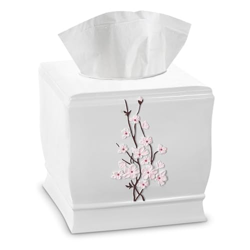Vanda Cherry Blossom White Square Resin Tissue Box Cover with Bottom Slider - style: Square Tissue Box